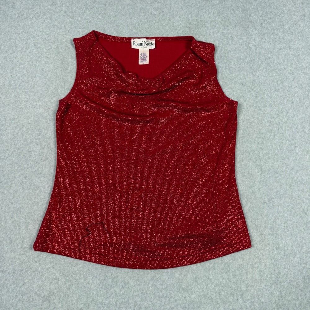Vintage 90s Ronni Nicole Red Metallic Glitter Christmas Party Club Top S USA